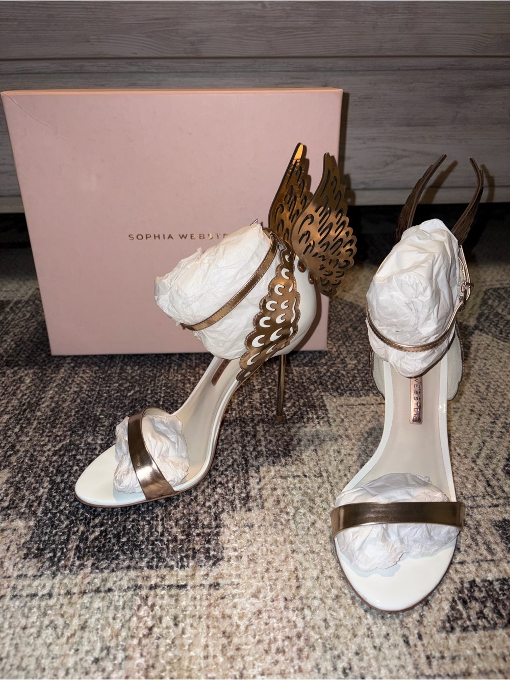Sophia Webster Gold Winged Stiletto Sandals with White Insole